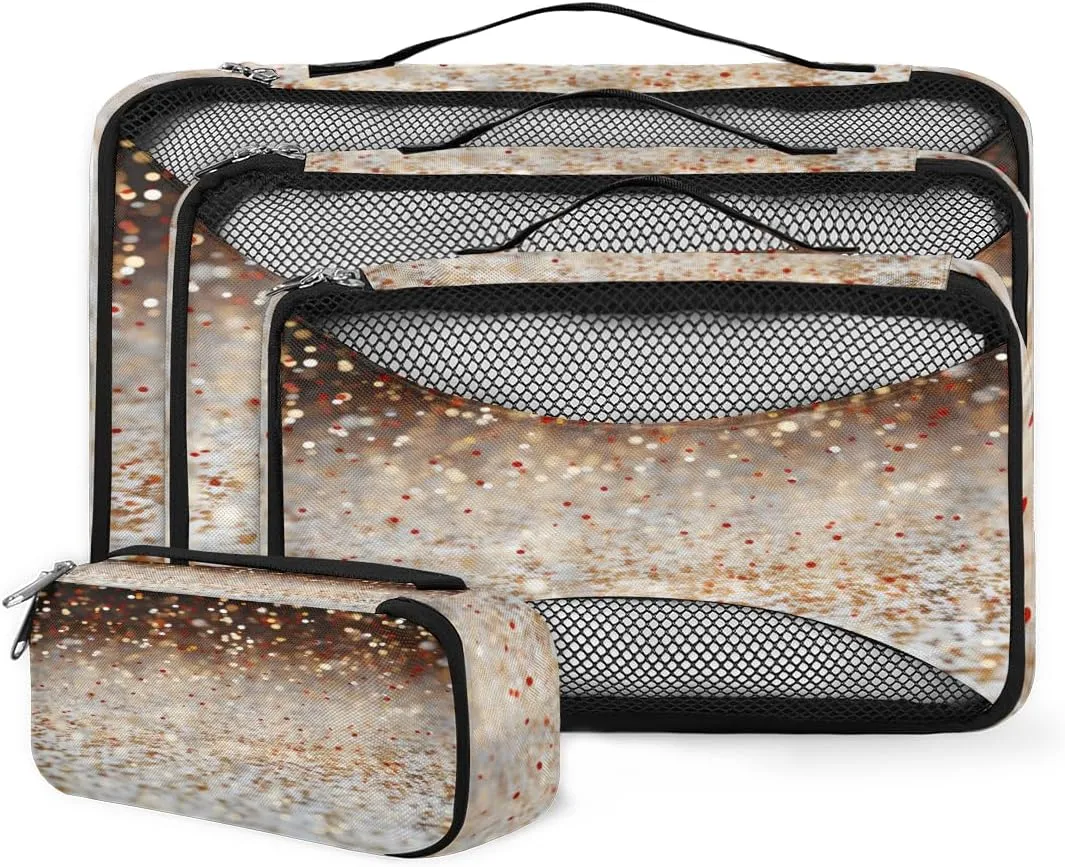 4 Set Packing Cubes for Suitcases, Travel Essentials for Carry on Luggage, Gold Sequin Suitcase Organizers for Clothes Shoes Toiletries Travel Accessories in 4 Sizes - Glitter