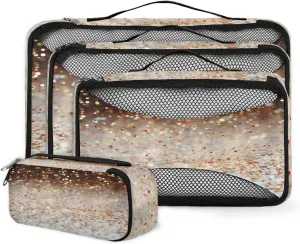 4 Set Packing Cubes for Suitcases, Travel Essentials for Carry on Luggage, Gold Sequin Suitcase Organizers for Clothes Shoes Toiletries Travel Accessories in 4 Sizes - Glitter