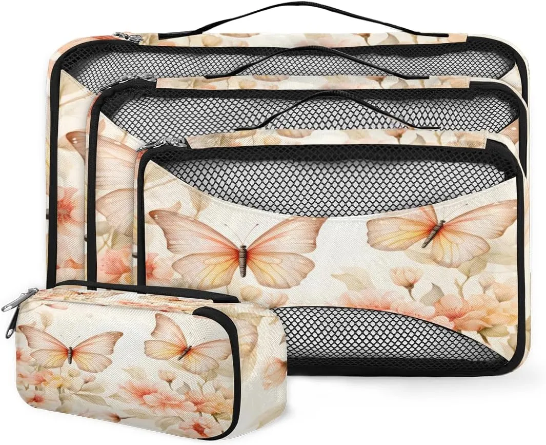 4 Set Packing Cubes for Suitcases, Travel Essentials for Carry on Luggage, Gorgeous Butterfly Suitcase Organizers for Clothes Shoes Toiletries Travel Accessories in 4 Sizes - Dreamy Butterfly