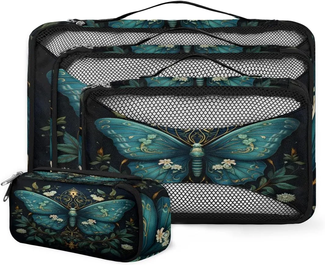 4 Set Packing Cubes for Suitcases, Travel Essentials for Carry on Luggage, Gorgeous Butterfly Suitcase Organizers for Clothes Shoes Toiletries Travel Accessories in 4 Sizes - Gothic Butterfly