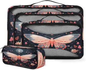 4 Set Packing Cubes for Suitcases, Travel Essentials for Carry on Luggage, Graffiti Butterfly Suitcase Organizers for Clothes Shoes Toiletries Travel Accessories in 4 Sizes - Gothic Butterfly