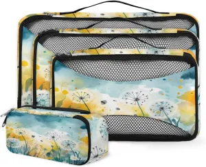 4 Set Packing Cubes for Suitcases, Travel Essentials for Carry on Luggage, Graffiti Dandelion Suitcase Organizers for Clothes Shoes Toiletries Travel Accessories in 4 Sizes - Colorful Dandelion