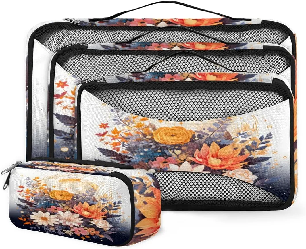 4 Set Packing Cubes for Suitcases, Travel Essentials for Carry on Luggage, Graffiti Flower Suitcase Organizers for Clothes Shoes Toiletries Travel Accessories in 4 Sizes - Retro Flower
