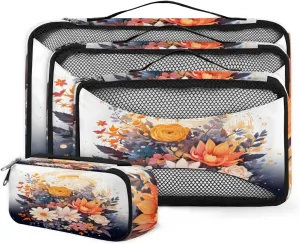 4 Set Packing Cubes for Suitcases, Travel Essentials for Carry on Luggage, Graffiti Flower Suitcase Organizers for Clothes Shoes Toiletries Travel Accessories in 4 Sizes - Retro Flower