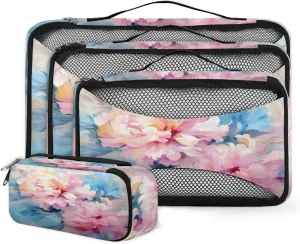 4 Set Packing Cubes for Suitcases, Travel Essentials for Carry on Luggage, Graffiti Flowers Suitcase Organizers for Clothes Shoes Toiletries Travel Accessories in 4 Sizes - Retro Flowers