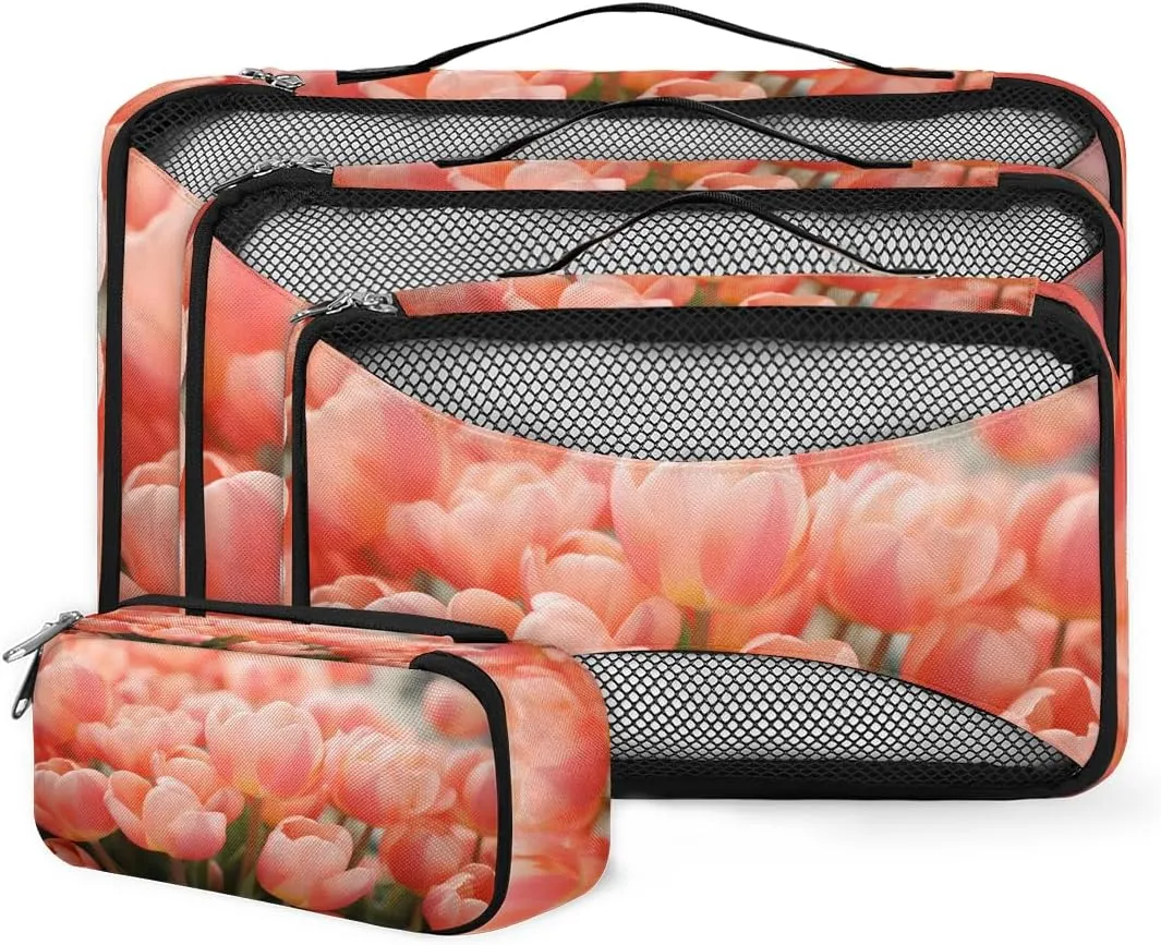 4 Set Packing Cubes for Suitcases, Travel Essentials for Carry on Luggage, Graffiti Tulips Suitcase Organizers for Clothes Shoes Toiletries Travel Accessories in 4 Sizes - Flowers Tulips