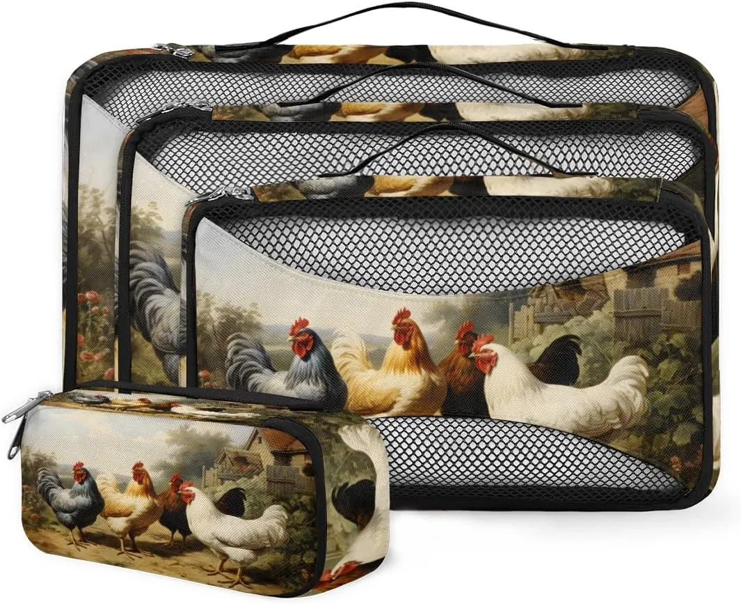 4 Set Packing Cubes for Suitcases, Travel Essentials for Carry on Luggage, Hen Suitcase Organizers for Clothes Shoes Toiletries Travel Accessories in 4 Sizes - Cock Rooster