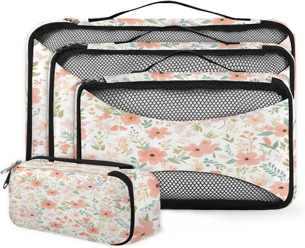 4 Set Packing Cubes for Suitcases, Travel Essentials for Carry on Luggage, Lively Flowers Suitcase Organizers for Clothes Shoes Toiletries Travel Accessories in 4 Sizes - Fantastic Flowers