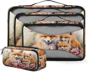4 Set Packing Cubes for Suitcases, Travel Essentials for Carry on Luggage, Lovely Fox Suitcase Organizers for Clothes Shoes Toiletries Travel Accessories in 4 Sizes - Flower Fox