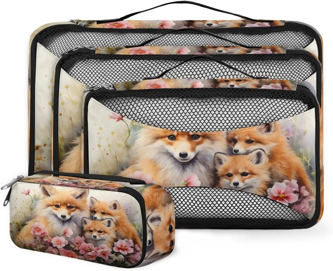 4 Set Packing Cubes for Suitcases, Travel Essentials for Carry on Luggage, Lovely Fox Suitcase Organizers for Clothes Shoes Toiletries Travel Accessories in 4 Sizes - Flower Fox