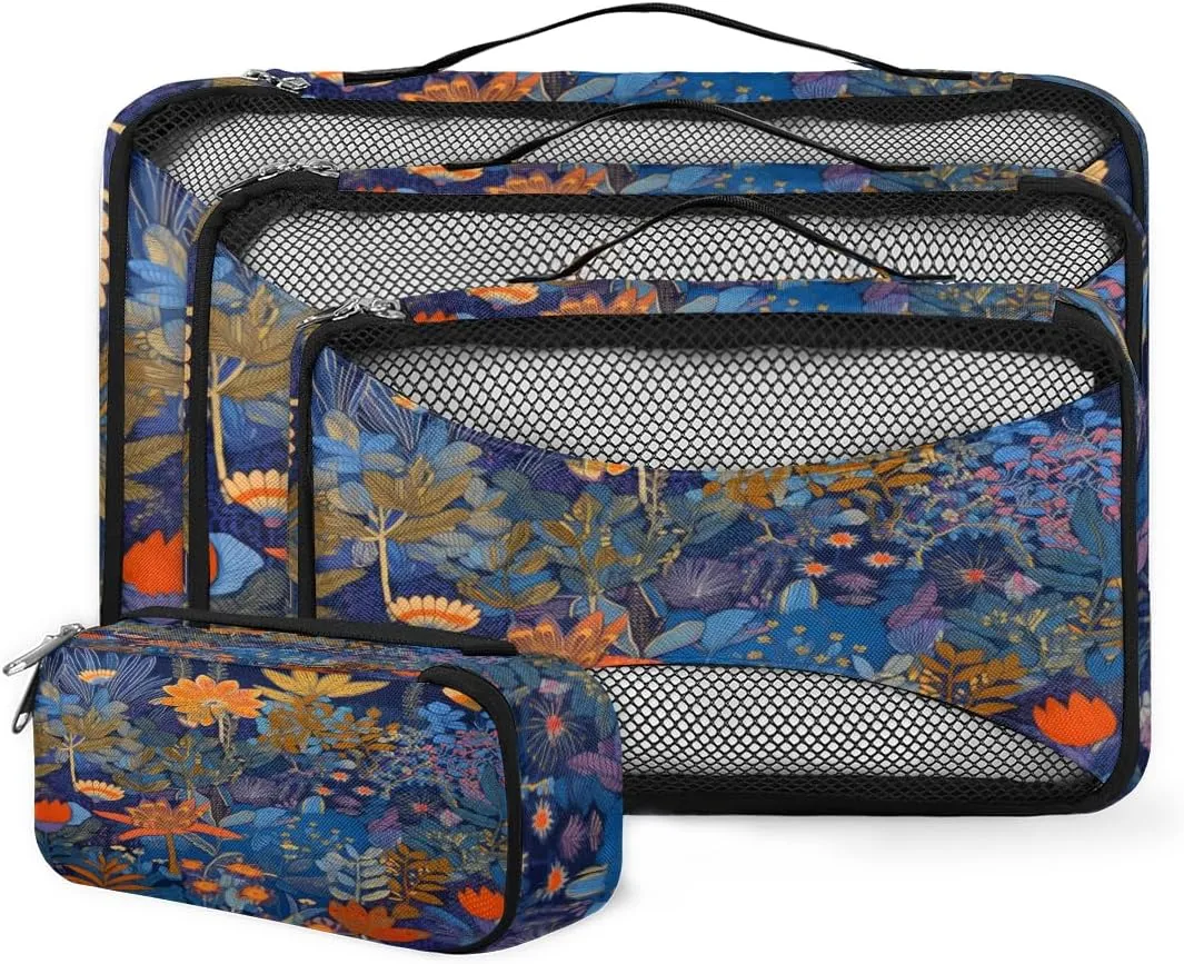 4 Set Packing Cubes for Suitcases, Travel Essentials for Carry on Luggage, Magical Flowers Suitcase Organizers for Clothes Shoes Toiletries Travel Accessories in 4 Sizes - Abstract Flowers