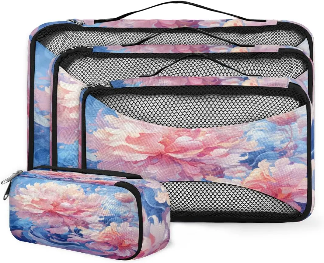 4 Set Packing Cubes for Suitcases, Travel Essentials for Carry on Luggage, Magical Flowers Suitcase Organizers for Clothes Shoes Toiletries Travel Accessories in 4 Sizes - Retro Flowers