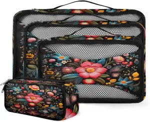 4 Set Packing Cubes for Suitcases, Travel Essentials for Carry on Luggage, Magical Flowers Suitcase Organizers for Clothes Shoes Toiletries Travel Accessories in 4 Sizes - Varicolored Flowers