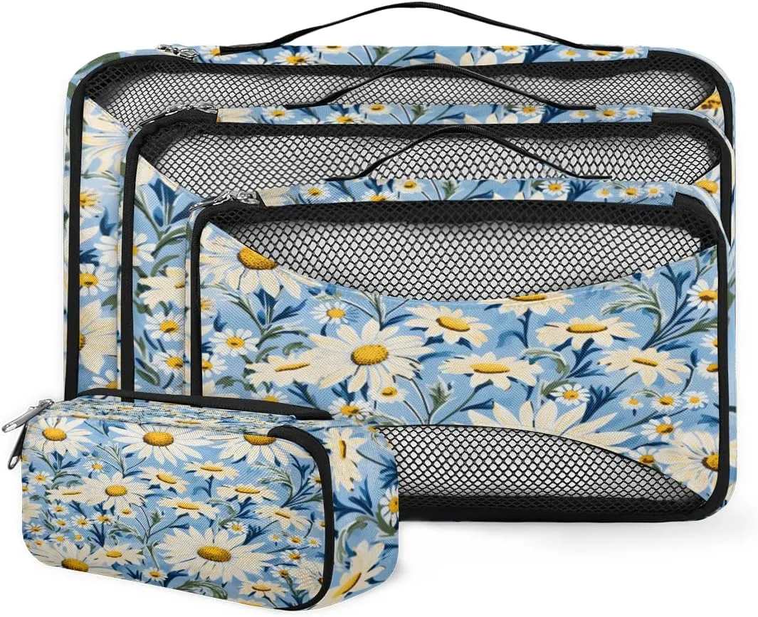 4 Set Packing Cubes for Suitcases, Travel Essentials for Carry on Luggage, Modern Flowers Suitcase Organizers for Clothes Shoes Toiletries Travel Accessories in 4 Sizes - Lively Flowers