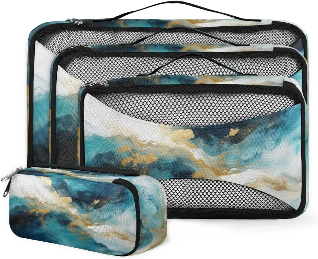 4 Set Packing Cubes for Suitcases, Travel Essentials for Carry on Luggage, Modern Marble Suitcase Organizers for Clothes Shoes Toiletries Travel Accessories in 4 Sizes - Indigo Blue Marble