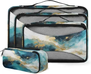 4 Set Packing Cubes for Suitcases, Travel Essentials for Carry on Luggage, Modern Marble Suitcase Organizers for Clothes Shoes Toiletries Travel Accessories in 4 Sizes - Indigo Blue Marble