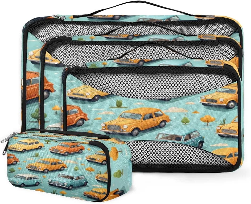 4 Set Packing Cubes for Suitcases, Travel Essentials for Carry on Luggage, Modern Truck Suitcase Organizers for Clothes Shoes Toiletries Travel Accessories in 4 Sizes - Cartoon Truck
