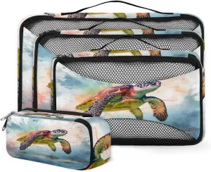 4 Set Packing Cubes for Suitcases, Travel Essentials for Carry on Luggage, Modern Turtle Suitcase Organizers for Clothes Shoes Toiletries Travel Accessories in 4 Sizes - Watercolor Turtle