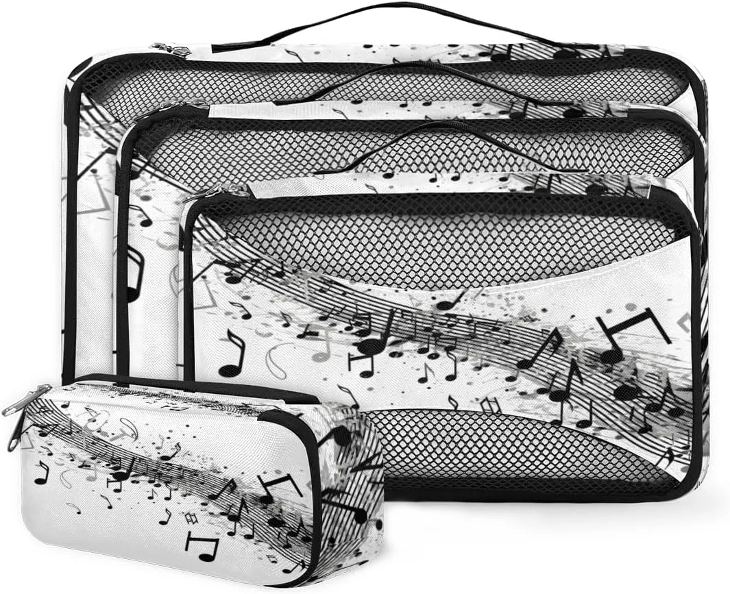 4 Set Packing Cubes for Suitcases, Travel Essentials for Carry on Luggage, Mysterious Music Symbol Suitcase Organizers for Clothes Shoes Toiletries Travel Accessories in 4 Sizes - Beat Notes