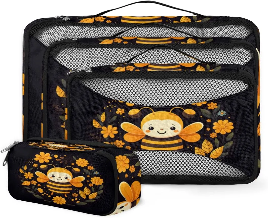 4 Set Packing Cubes for Suitcases, Travel Essentials for Carry on Luggage, Mystical Bee Suitcase Organizers for Clothes Shoes Toiletries Travel Accessories in 4 Sizes - Flowers Bee