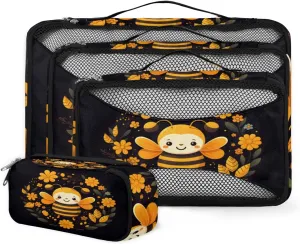 4 Set Packing Cubes for Suitcases, Travel Essentials for Carry on Luggage, Mystical Bee Suitcase Organizers for Clothes Shoes Toiletries Travel Accessories in 4 Sizes - Flowers Bee