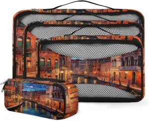 4 Set Packing Cubes for Suitcases, Travel Essentials for Carry on Luggage, Mystical City Suitcase Organizers for Clothes Shoes Toiletries Travel Accessories in 4 Sizes - Night City