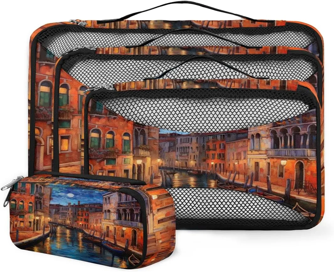 4 Set Packing Cubes for Suitcases, Travel Essentials for Carry on Luggage, Mystical City Suitcase Organizers for Clothes Shoes Toiletries Travel Accessories in 4 Sizes - Night City