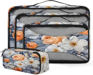 4 Set Packing Cubes for Suitcases, Travel Essentials for Carry on Luggage, Mystical Flower Suitcase Organizers for Clothes Shoes Toiletries Travel Accessories in 4 Sizes - Romantic Flower