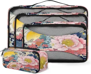 4 Set Packing Cubes for Suitcases, Travel Essentials for Carry on Luggage, Mystical Flowers Suitcase Organizers for Clothes Shoes Toiletries Travel Accessories in 4 Sizes - Modern Flowers
