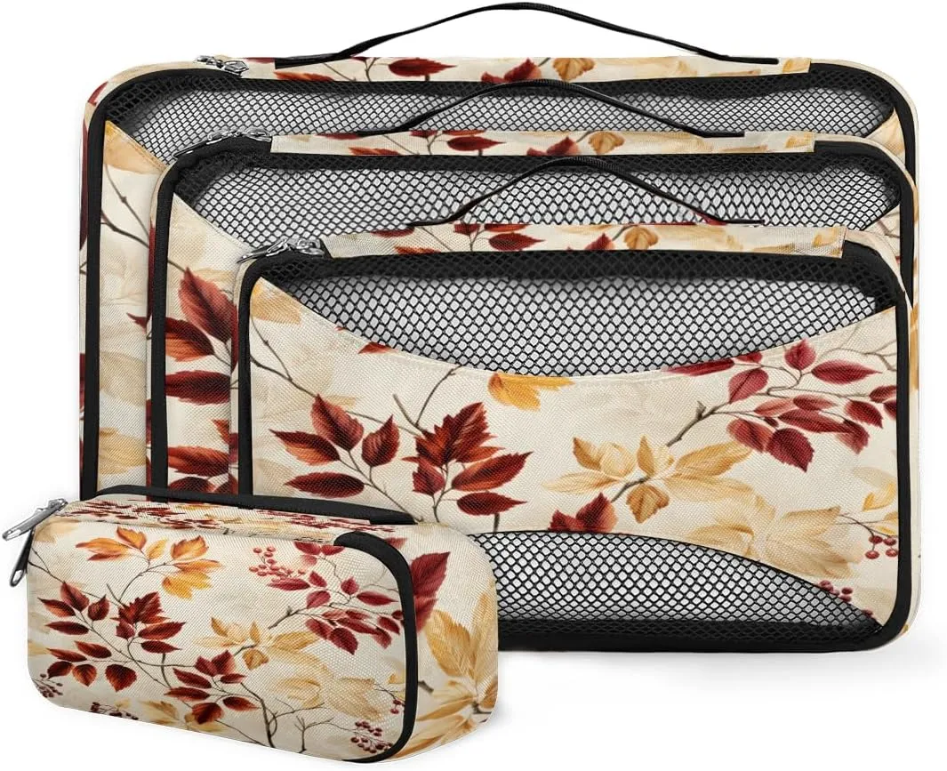 4 Set Packing Cubes for Suitcases, Travel Essentials for Carry on Luggage, Mystical Leaves Suitcase Organizers for Clothes Shoes Toiletries Travel Accessories in 4 Sizes - Abstract Maple Leaves