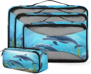4 Set Packing Cubes for Suitcases, Travel Essentials for Carry on Luggage, Ocean Sea Suitcase Organizers for Clothes Shoes Toiletries Travel Accessories in 4 Sizes - Dolphin