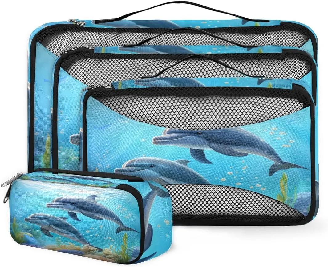 4 Set Packing Cubes for Suitcases, Travel Essentials for Carry on Luggage, Ocean Sea Suitcase Organizers for Clothes Shoes Toiletries Travel Accessories in 4 Sizes - Dolphin