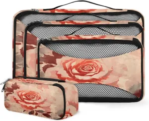 4 Set Packing Cubes for Suitcases, Travel Essentials for Carry on Luggage, Oil Painting Flower Suitcase Organizers for Clothes Shoes Toiletries Travel Accessories in 4 Sizes - Romantic Flower