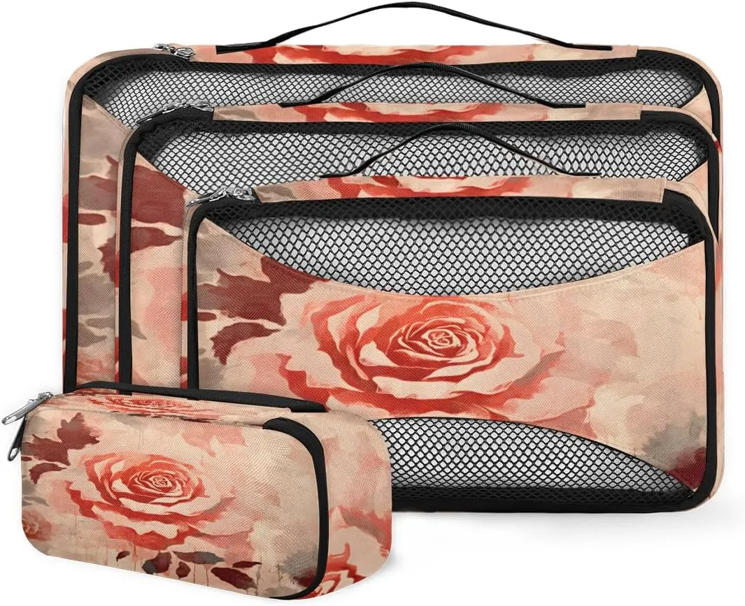 4 Set Packing Cubes for Suitcases, Travel Essentials for Carry on Luggage, Oil Painting Flower Suitcase Organizers for Clothes Shoes Toiletries Travel Accessories in 4 Sizes - Romantic Flower