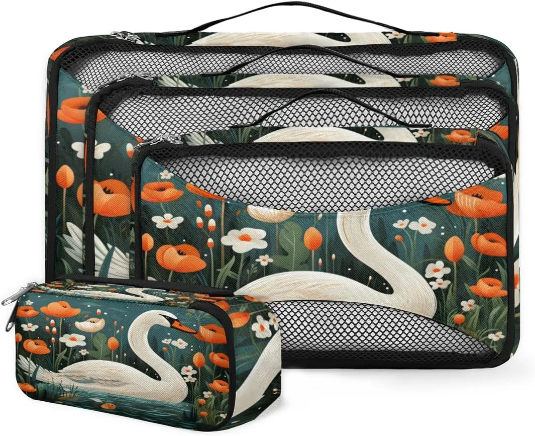 4 Set Packing Cubes for Suitcases, Travel Essentials for Carry on Luggage, Orange Flowers Suitcase Organizers for Clothes Shoes Toiletries Travel Accessories in 4 Sizes - Swan