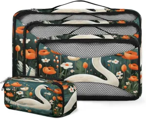 4 Set Packing Cubes for Suitcases, Travel Essentials for Carry on Luggage, Orange Flowers Suitcase Organizers for Clothes Shoes Toiletries Travel Accessories in 4 Sizes - Swan