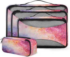 4 Set Packing Cubes for Suitcases, Travel Essentials for Carry on Luggage, Pink Marble Suitcase Organizers for Clothes Shoes Toiletries Travel Accessories in 4 Sizes - Glitter