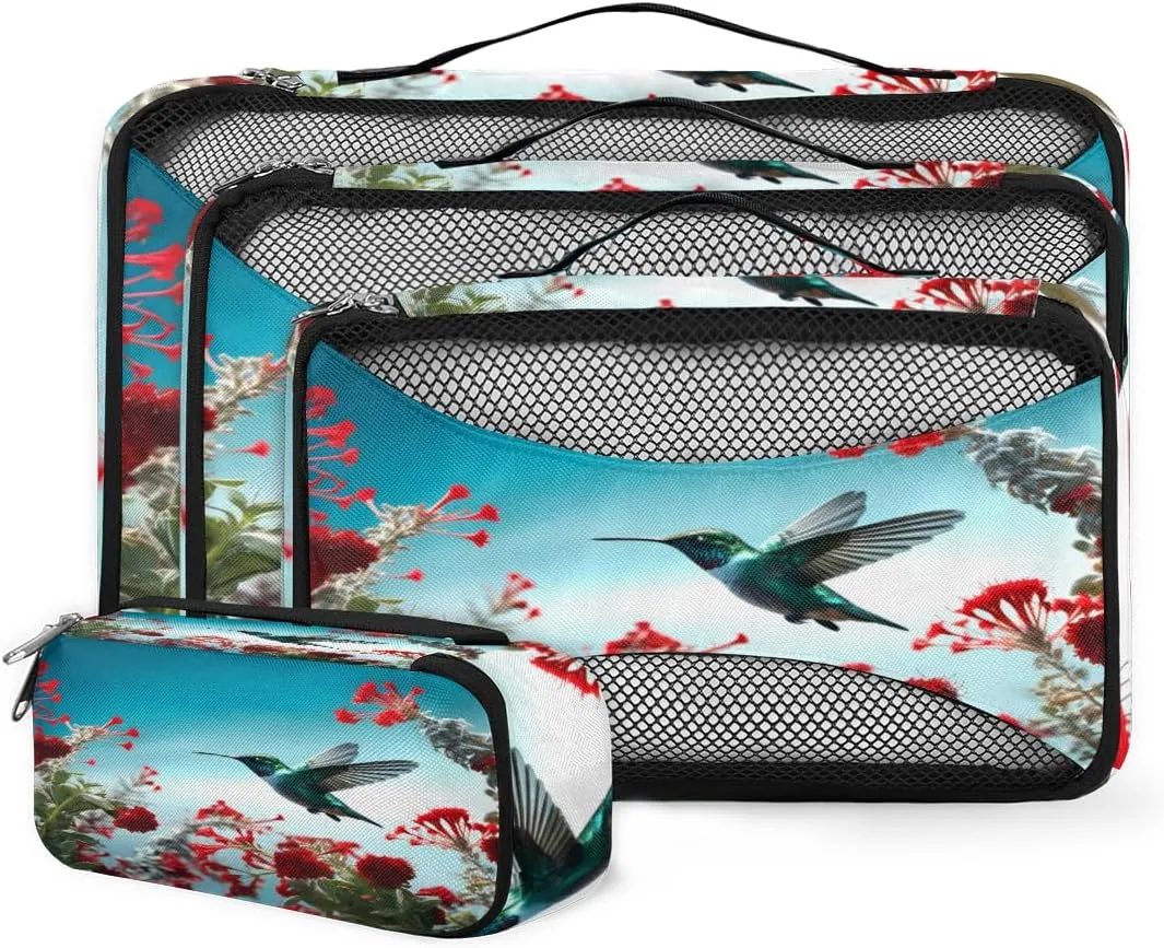 4 Set Packing Cubes for Suitcases, Travel Essentials for Carry on Luggage, Pretty Birds Suitcase Organizers for Clothes Shoes Toiletries Travel Accessories in 4 Sizes - Abstract Bird