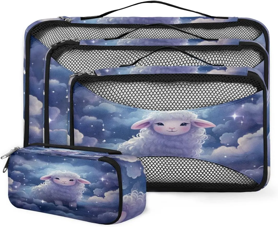 4 Set Packing Cubes for Suitcases, Travel Essentials for Carry on Luggage, Purple Cloud Suitcase Organizers for Clothes Shoes Toiletries Travel Accessories in 4 Sizes - Dream Sheep
