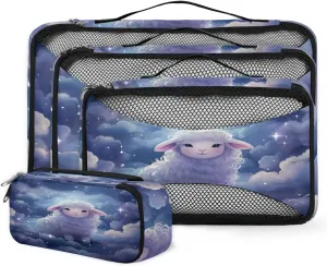4 Set Packing Cubes for Suitcases, Travel Essentials for Carry on Luggage, Purple Cloud Suitcase Organizers for Clothes Shoes Toiletries Travel Accessories in 4 Sizes - Dream Sheep