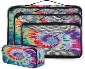 4 Set Packing Cubes for Suitcases, Travel Essentials for Carry on Luggage, Purple Green Suitcase Organizers for Clothes Shoes Toiletries Travel Accessories in 4 Sizes - Tie Dyeing