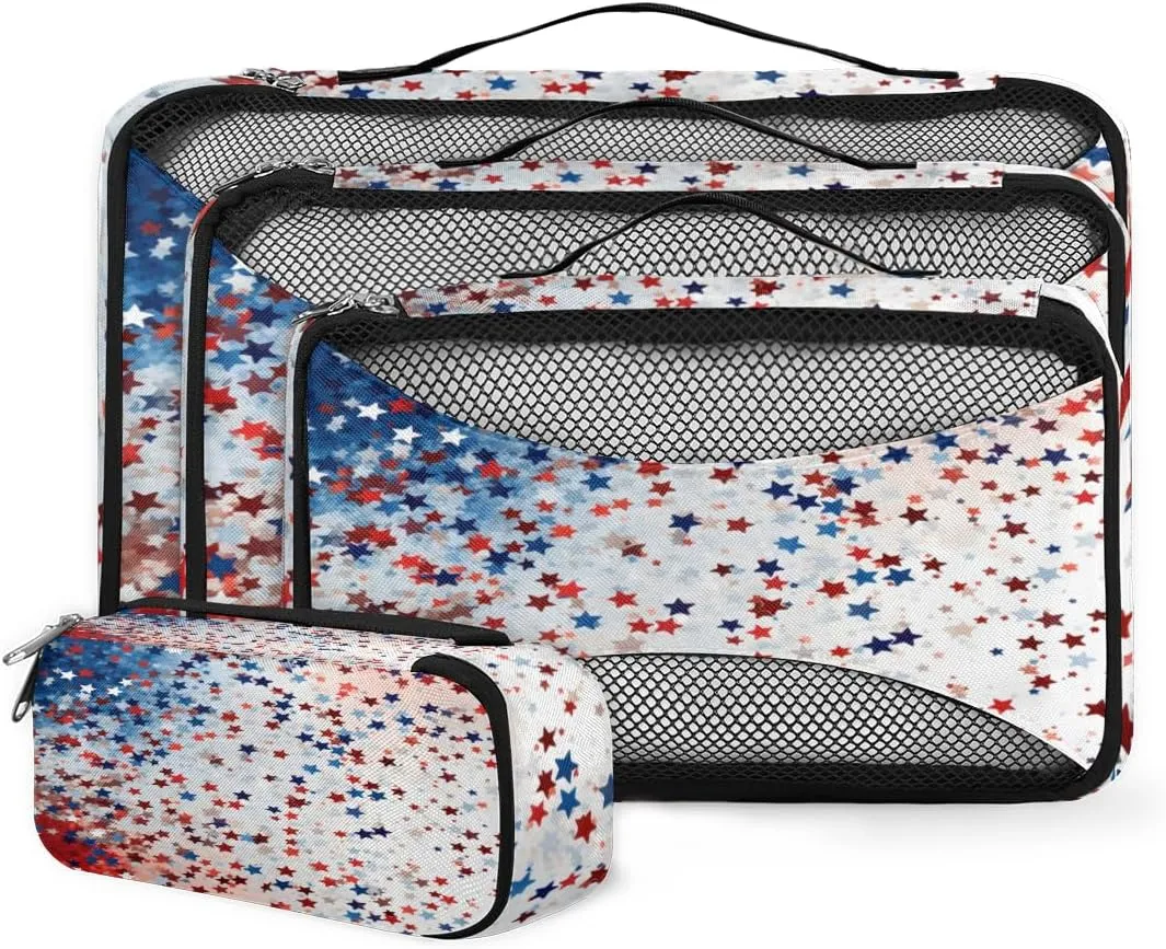4 Set Packing Cubes for Suitcases, Travel Essentials for Carry on Luggage, Red Star Suitcase Organizers for Clothes Shoes Toiletries Travel Accessories in 4 Sizes - Blue Star