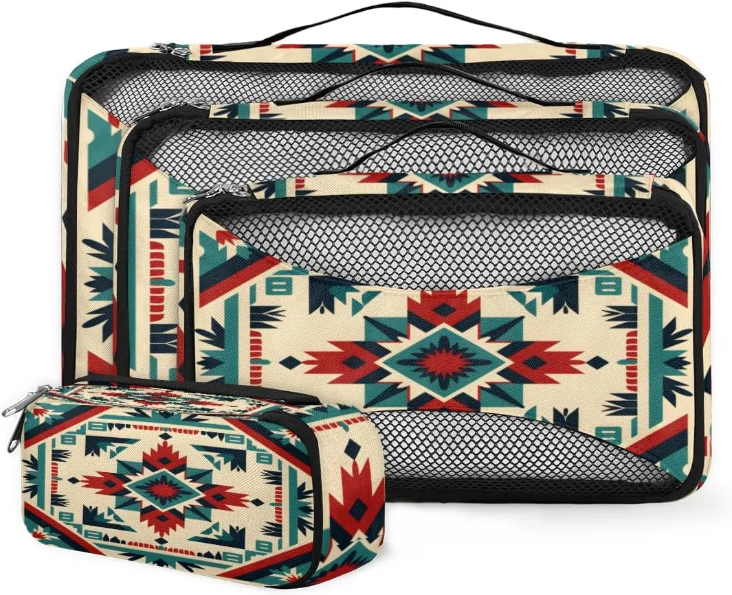 4 Set Packing Cubes for Suitcases, Travel Essentials for Carry on Luggage, Retro Aztec Suitcase Organizers for Clothes Shoes Toiletries Travel Accessories in 4 Sizes - Geometry Flower