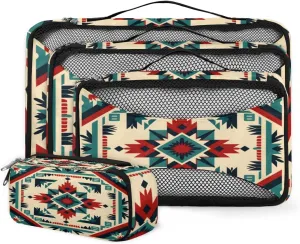 4 Set Packing Cubes for Suitcases, Travel Essentials for Carry on Luggage, Retro Aztec Suitcase Organizers for Clothes Shoes Toiletries Travel Accessories in 4 Sizes - Geometry Flower
