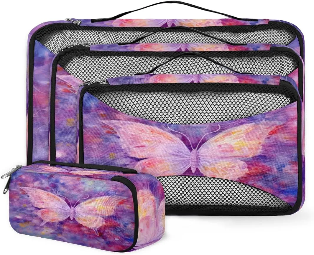 4 Set Packing Cubes for Suitcases, Travel Essentials for Carry on Luggage, Retro Butterfly Suitcase Organizers for Clothes Shoes Toiletries Travel Accessories in 4 Sizes - Dreamy Butterfly