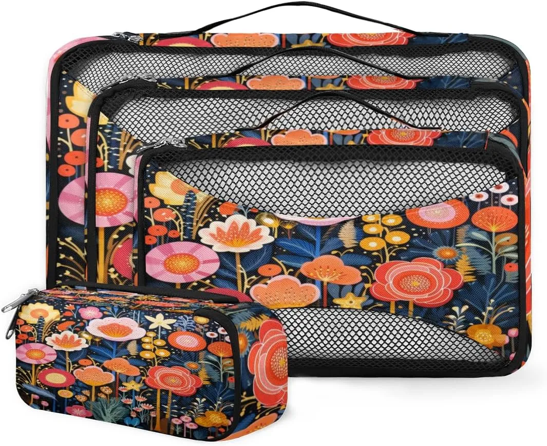 4 Set Packing Cubes for Suitcases, Travel Essentials for Carry on Luggage, Retro Flowers Suitcase Organizers for Clothes Shoes Toiletries Travel Accessories in 4 Sizes - Graffiti Flowers