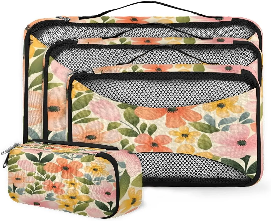 4 Set Packing Cubes for Suitcases, Travel Essentials for Carry on Luggage, Retro Flowers Suitcase Organizers for Clothes Shoes Toiletries Travel Accessories in 4 Sizes - Romantic Flowers