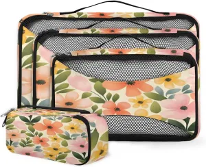 4 Set Packing Cubes for Suitcases, Travel Essentials for Carry on Luggage, Retro Flowers Suitcase Organizers for Clothes Shoes Toiletries Travel Accessories in 4 Sizes - Romantic Flowers