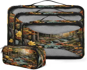 4 Set Packing Cubes for Suitcases, Travel Essentials for Carry on Luggage, Retro Forest Suitcase Organizers for Clothes Shoes Toiletries Travel Accessories in 4 Sizes - Autumn Forest
