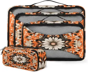 4 Set Packing Cubes for Suitcases, Travel Essentials for Carry on Luggage, Retro Mandala Suitcase Organizers for Clothes Shoes Toiletries Travel Accessories in 4 Sizes - Orange Mandala